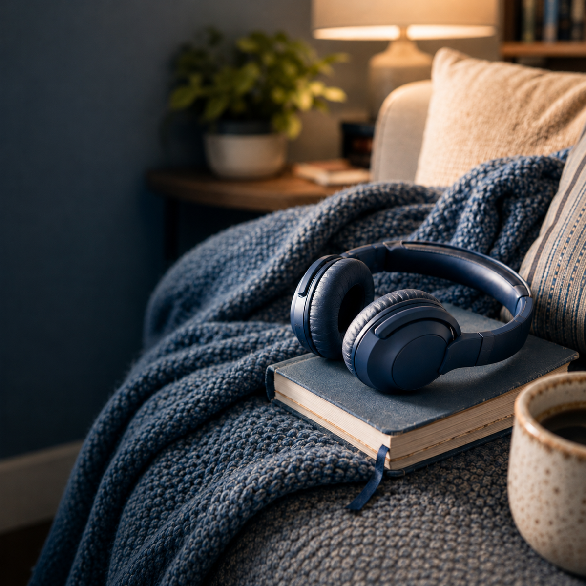 Headphones resting in a quiet, comfortable space